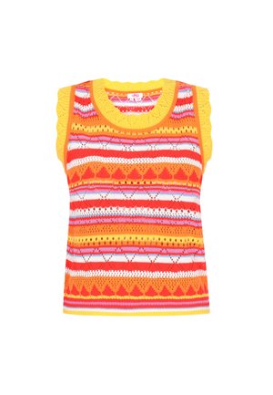 Kötött ujjatlan felső több színben, piros, narancs, sárga és kék csíkokkal. Sárga, hullámos nyakkivágással és szőtt mintákkal rendelkezik.