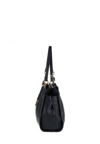 Sac à main en cuir noir avec une surface texturée, une seule sangle et des accents en métal doré. Design à ouverture supérieure, base rectangulaire.