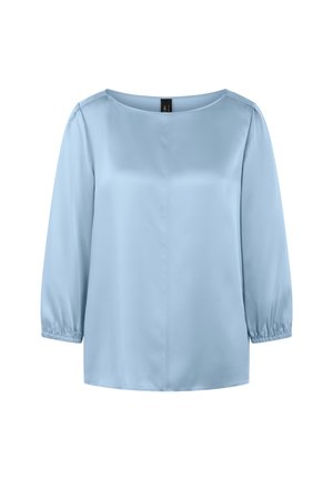 Light blue blouse made of smooth fabric, featuring a round neckline and three-quarter sleeves with elastic cuffs. Simple, straight design.