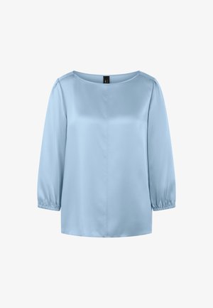 Light blue blouse made of smooth fabric, featuring a round neckline and three-quarter sleeves with elastic cuffs. Simple, straight design.