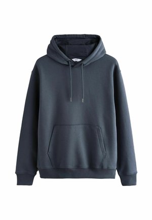 Donkergrijze capuchontrui van zachte stof, voorzien van een voorvak in kangaroostijl en geribbelde manchetten. Eenvoudig, minimalistisch ontwerp.