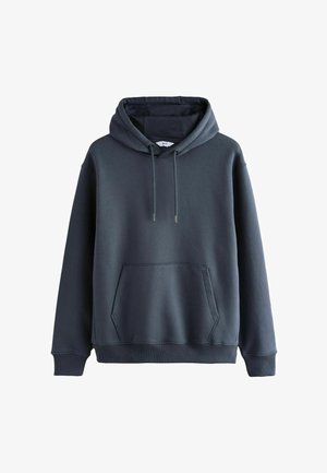 Dark gray hooded sweatshirt made of soft fabric, featuring a front kangaroo pocket and ribbed cuffs. Simple, minimalistic design.