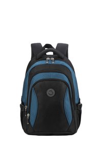 Schwarzer und blauer Rucksack mit einer strukturierten Oberfläche, doppelten Reißverschlüssen und gepolsterten Schulterriemen. Verfügt über ein Logo auf der Vorderseite und Seitentaschen.