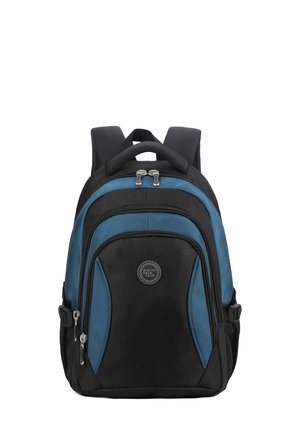 Zaino nero e blu con superficie testurizzata, doppie cerniere e spallacci imbottiti. Presenta un logo frontale e tasche laterali.