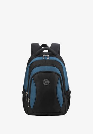 Schwarzer und blauer Rucksack mit einer strukturierten Oberfläche, doppelten Reißverschlüssen und gepolsterten Schulterriemen. Verfügt über ein Logo auf der Vorderseite und Seitentaschen.