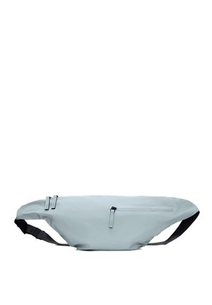 Marsupio grigio chiaro con due scomparti con cerniera e una tracolla nera regolabile su sfondo bianco.