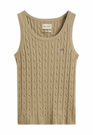 Beige ärmelloses Tanktop mit Zopfmuster, rundem Ausschnitt und kleinem gesticktem GANT-Wappensignet auf der Brust.