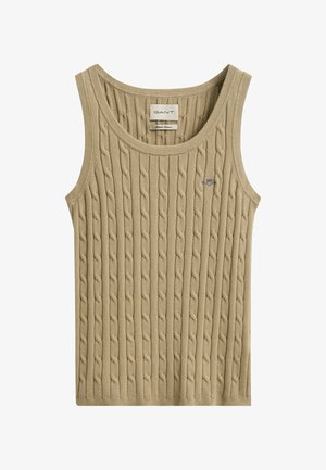 Beige ärmelloses Tanktop mit Zopfmuster, rundem Ausschnitt und kleinem gesticktem GANT-Wappensignet auf der Brust.