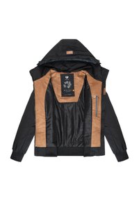 Fekete kabát bézs belsővel, cipzáras mellzsebbel, elasztikus mandzsettával és texturált belső béléssel. Kapucnival és címkével rendelkezik.