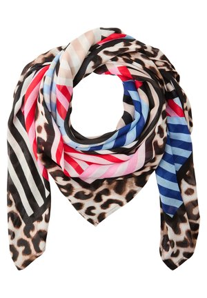 Foulard quadrato con stampa leopardata e strisce diagonali in rosso, rosa, blu, nero e bianco, piegato in modo morbido a forma circolare.