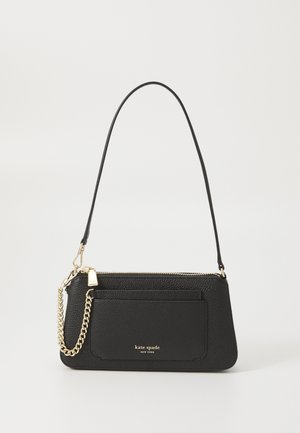 Black leather handbag with a textured finish, gold hardware, a chain accent, and a front pocket. Signature logo visible in the center.