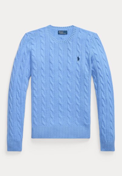 Light blue cable-knit sweater with long sleeves, crew neck, ribbed cuffs, and Polo Ralph Lauren embroidered logo on left chest.