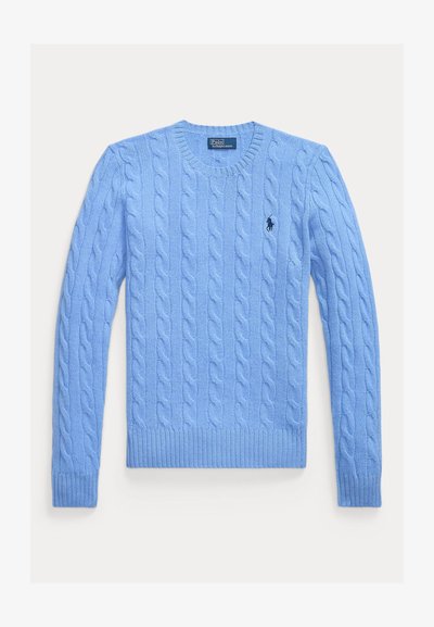 Light blue cable-knit sweater with long sleeves, crew neck, ribbed cuffs, and Polo Ralph Lauren embroidered logo on left chest.