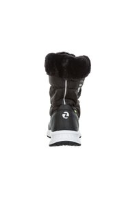 Bottes d'hiver noires isolées avec doublure en fausse fourrure, matériau robuste, tige rembourrée et semelle extérieure en caoutchouc. Présente un logo sur le talon et des détails de laçage.