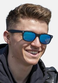 Black plastic sunglasses with blue mirrored lenses, featuring a rectangular shape and small silver accents at the hinges.