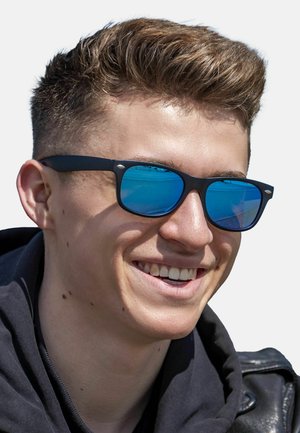 Black plastic sunglasses with blue mirrored lenses, featuring a rectangular shape and small silver accents at the hinges.