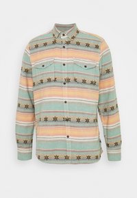 Langärmliges Hemd mit Knöpfen in Pastellfarben, gestreiftem Muster und bestickten Details, ausgestattet mit zwei Brusttaschen. Material aus Baumwollgemisch.