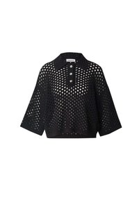 Schwarzes gestricktes Oberteil mit Polo-Kragen, kurzen Ärmeln und geometrischem Lochmuster, mit einer Knopfleiste mit drei cremefarbenen Knöpfen.