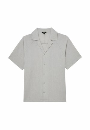 Hellgraues Kurzarmhemd mit strukturiertem Stoff, Kent-Kragen und fünf Knöpfen vorne.