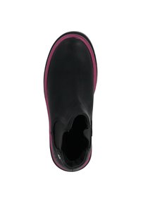 Svart läderankelboot med rund tå och rosa accent på sulan. Har en slät yta och är designad för att tas på utan snörning.