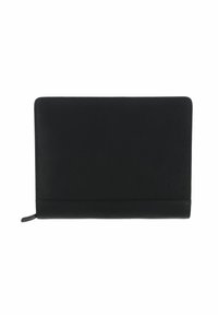 Housse pour ordinateur portable en cuir noir avec une texture lisse, de forme rectangulaire et des détails de couture subtils. Dotée d'une fermeture éclair sur le côté.