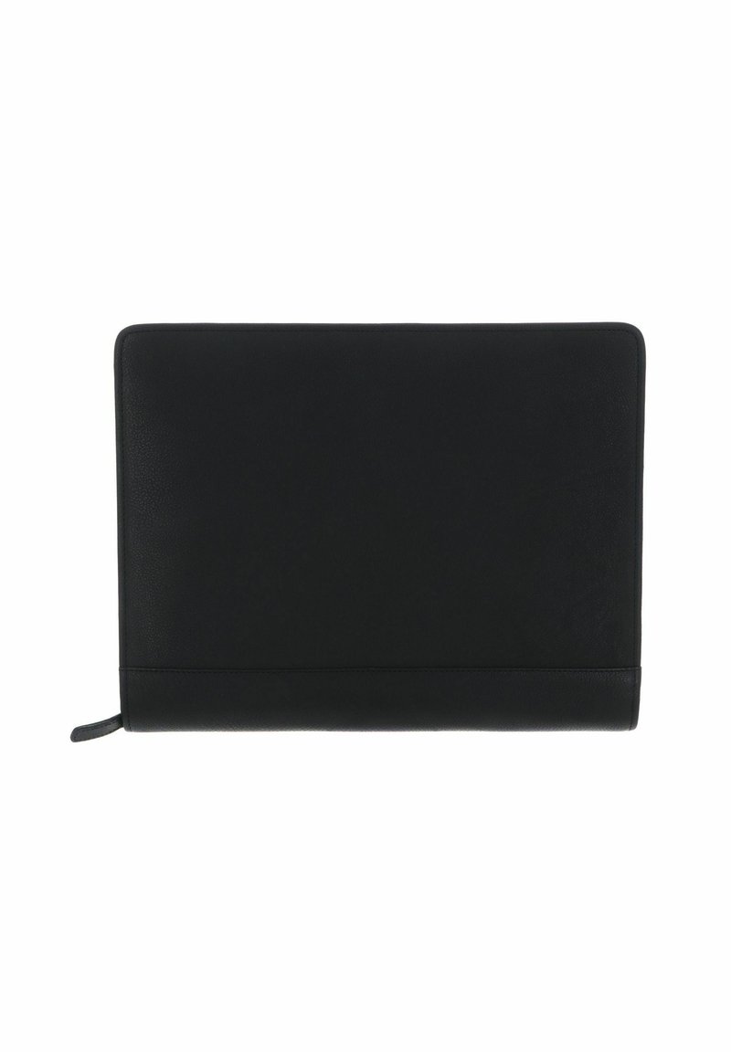 Housse pour ordinateur portable en cuir noir avec une texture lisse, de forme rectangulaire et des détails de couture subtils. Dotée d'une fermeture éclair sur le côté.