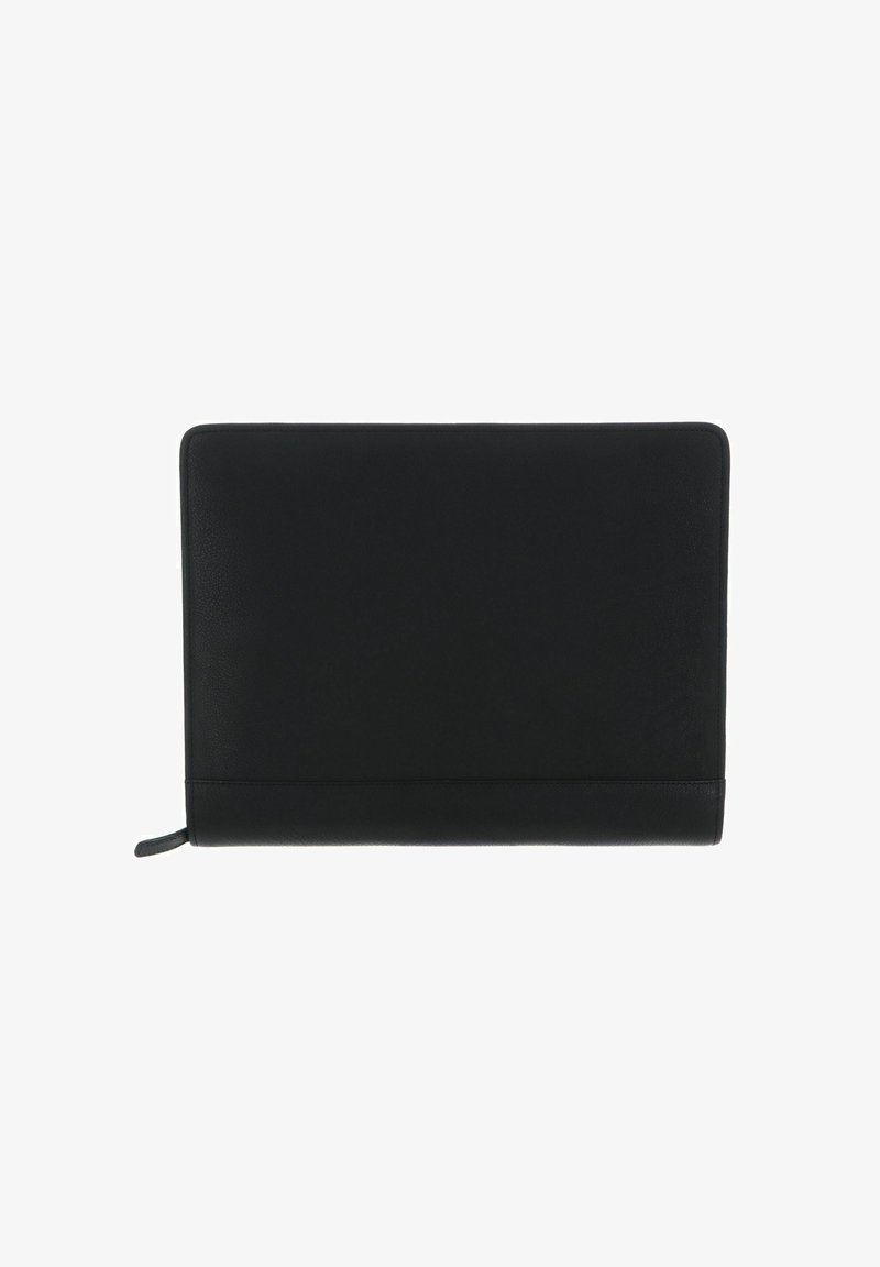 Housse pour ordinateur portable en cuir noir avec une texture lisse, de forme rectangulaire et des détails de couture subtils. Dotée d'une fermeture éclair sur le côté.