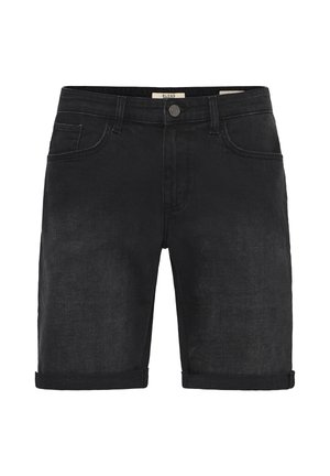 Schwarze Denim-Shorts mit umgeschlagenen Säumen, ausgestattet mit Fronttaschen und einem Knopfverschluss. Der Stoff hat eine glatte, weiche Textur mit einem dunklen Finish.