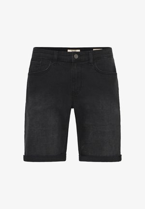 Crne traper šortsice s prevrnutim rubovima, s prednjim džepovima i kopčanjem na dugme. Tkanina ima glatku, meku teksturu s tamnim završnim slojem.