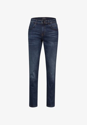 Ciemnoniebieskie dżinsy, prosty krój nogawek, średnie pranie z jaśniejszymi akcentami, pięć kieszeni, zapięcie na guzik i suwak, subtelne detale w przeszyciach.