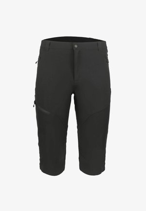 Schwarze kniehohe Shorts mit Gürtelschlaufen, Knopf vorne, Reißverschlusstaschen an Hüften und Oberschenkel sowie schlankem Schnitt.