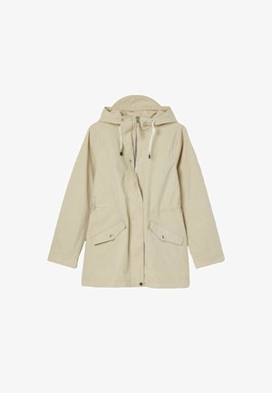 Parka beige fabricada en tejido ligero, con capucha, cierre con cremallera, dos bolsillos frontales y cordones elásticos.