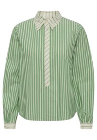 Zeleno-bílý pruhovaný top s klasickým límcem, knoflíkovou légou a elastickými manžetami. Měkká tkanina s volným střihem.