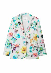 Kwiatowa marynarka na białym teksturowanym tle, z żywymi wzorami w kolorach niebieskim, różowym, żółtym i purpurowym. Z kołnierzami z wycięciem i kieszeniami z przodu.