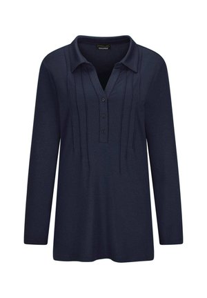 Marineblauw poloshirt met lange mouwen en een kraag, voorzien van verticale pin-tucks en drie knopen bij de hals; zachte stoftextuur.