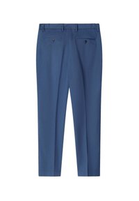 Pantalones de algodón azules con un corte recto, que cuentan con dos bolsillos traseros con botones negros y una cinturilla con passadores.