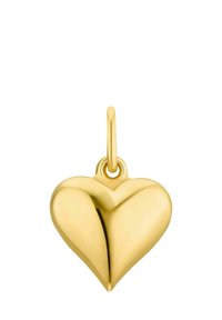 Pendente a forma di cuore in oro con una finitura lucida e un anello per il fissaggio. Il design presenta due lobi arrotondati nella parte superiore con una leggera indentazione.