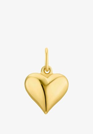 Goldenes herzförmiges Anhänger mit glänzender Oberfläche und einer Öse zur Befestigung. Das Design weist zwei gerundete Loben an der Oberseite mit einer leichten Vertiefung auf.