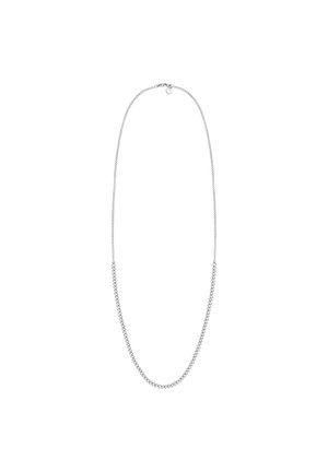 Zilveren ketting met een fijn schakelontwerp aan de bovenkant en dikkere, grotere schakels langs de onderste helft, gesloten met een kleine sluiting.