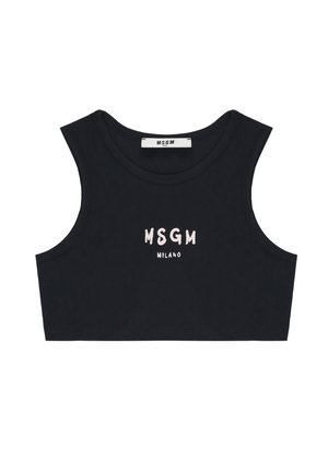 Top nero corto senza maniche con la scritta "MSGM Milano" stampata in bianco al centro davanti.