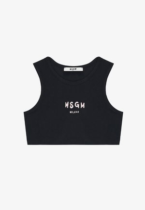Top nero corto senza maniche con la scritta "MSGM Milano" stampata in bianco al centro davanti.