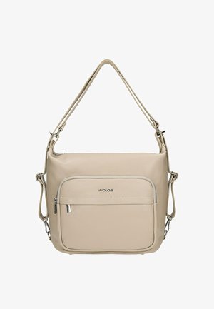 Beige Lederhandtasche mit strukturierter Oberfläche, ausgestattet mit einer vorderen Reißverschlusstasche, verstellbarem Tragegurt und silberfarbener Hardware.