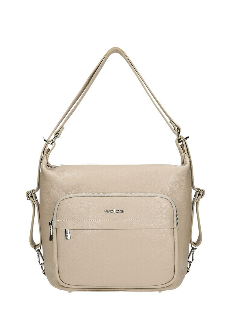 Beige leren handtas met een gestructureerde afwerking, voorzien van een voorvak met rits, een verstelbare schouderband en zilverkleurige details.