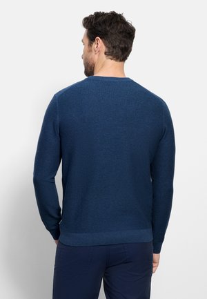 Mann trägt einen marineblauen Rippsweater und dunkle Hose, von hinten vor einem einfarbigen hellen Hintergrund gesehen.