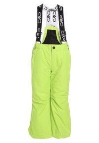 Limegröna snöbyxor med justerbara svarta hängslen med en logotyp. Kardborreknappar i midjan, fickor på sidorna och en lös passform.
