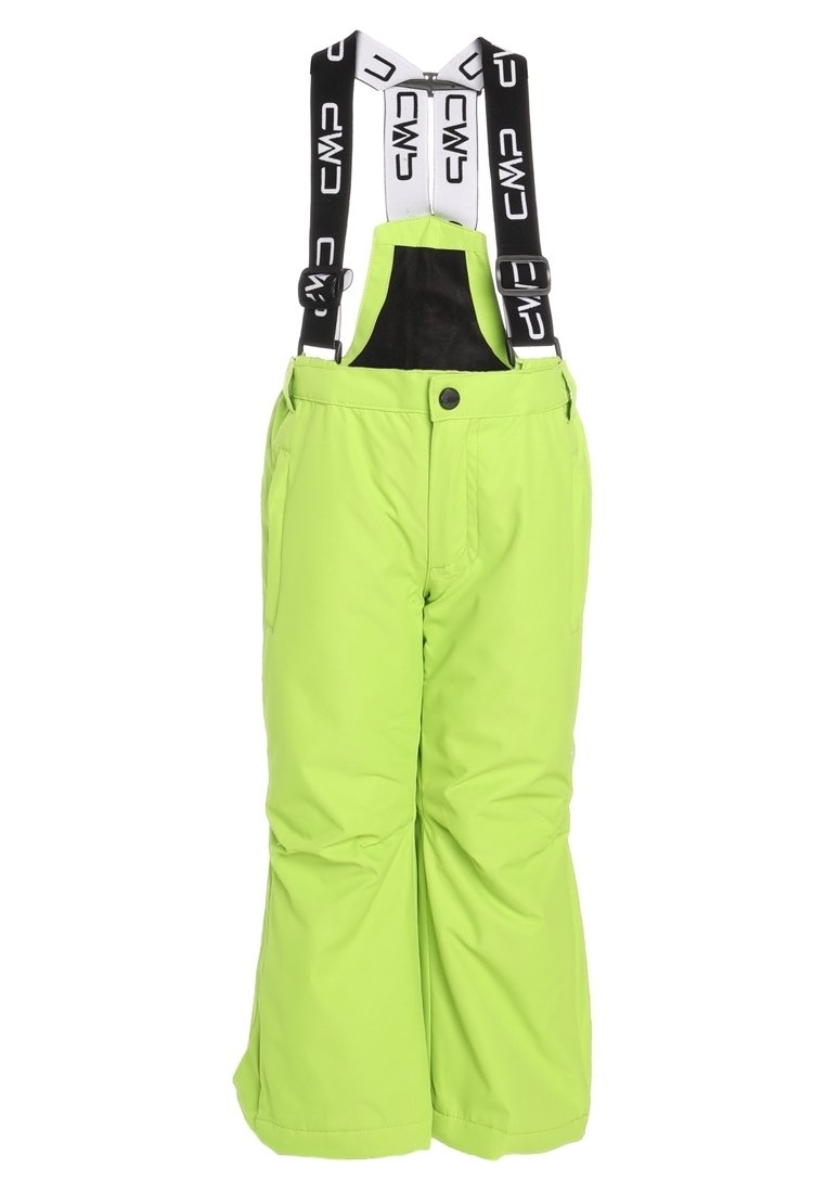 Limegröna snöbyxor med justerbara svarta hängslen med en logotyp. Kardborreknappar i midjan, fickor på sidorna och en lös passform.