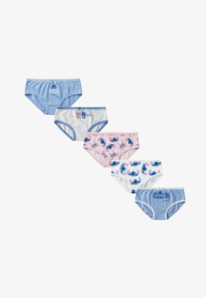 Cinq paires de sous-vêtements pour enfants en bleu, blanc et rose avec des imprimés des personnages Stitch et Angel et de petits nœuds sur le devant.