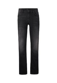 Schwarze Jeans aus Denim mit geradem Bein, fünf Taschen und dezenten Ausbleichungen. Verfügt über einen klassischen Bund und standardmäßige Nähte.