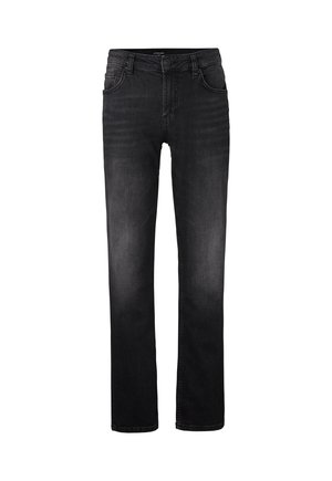 Schwarze Jeans aus Denim mit geradem Bein, fünf Taschen und dezenten Ausbleichungen. Verfügt über einen klassischen Bund und standardmäßige Nähte.