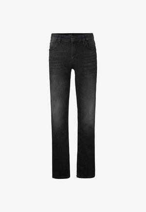 Schwarze Jeans aus Denim mit geradem Bein, fünf Taschen und dezenten Ausbleichungen. Verfügt über einen klassischen Bund und standardmäßige Nähte.